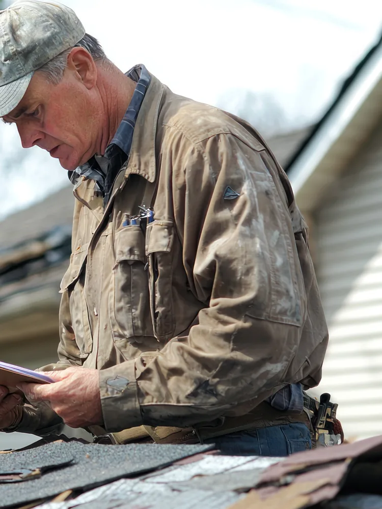 Roof inspector reviewing notes on an asphalt shingle roof