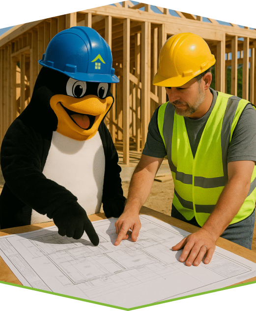 A penguin mascot and a construction worker reviewing blueprints at a building site