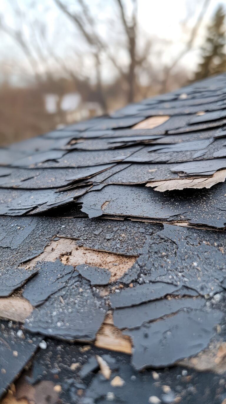 Close-up of damaged asphalt shingles with missing sections
