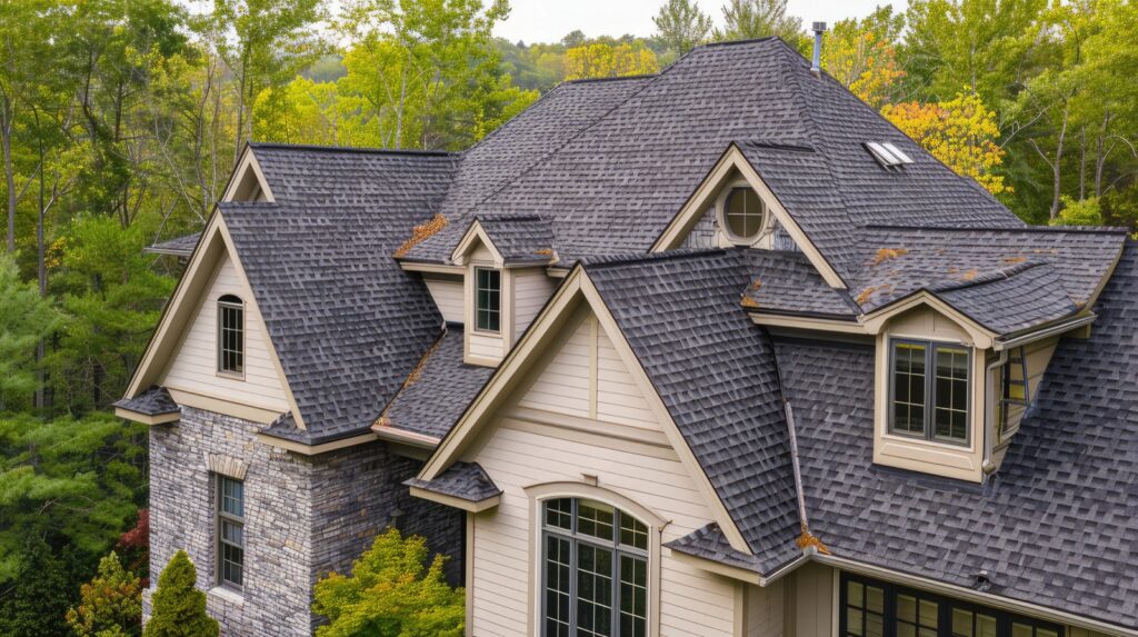 Aerial view of asphalt shingle roof replacement on a residential home
